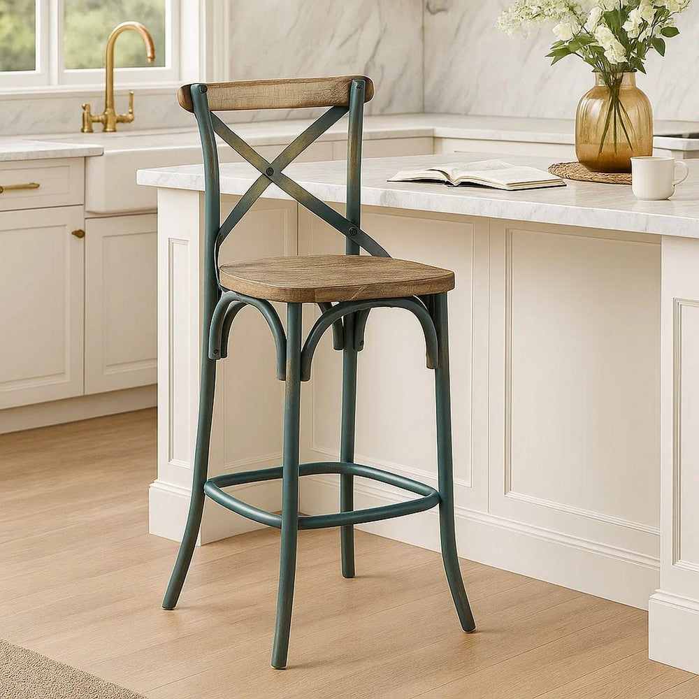 Chad 29 Inch Modern Bar Height Chair, Footrest, X Backrest, Green, Oak Wood