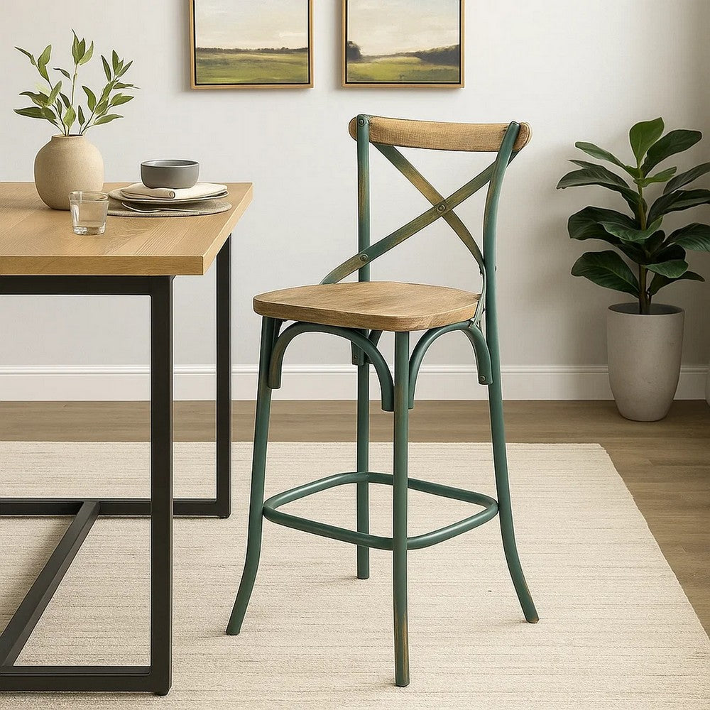 Chad 29 Inch Modern Bar Height Chair, Footrest, X Backrest, Green, Oak Wood