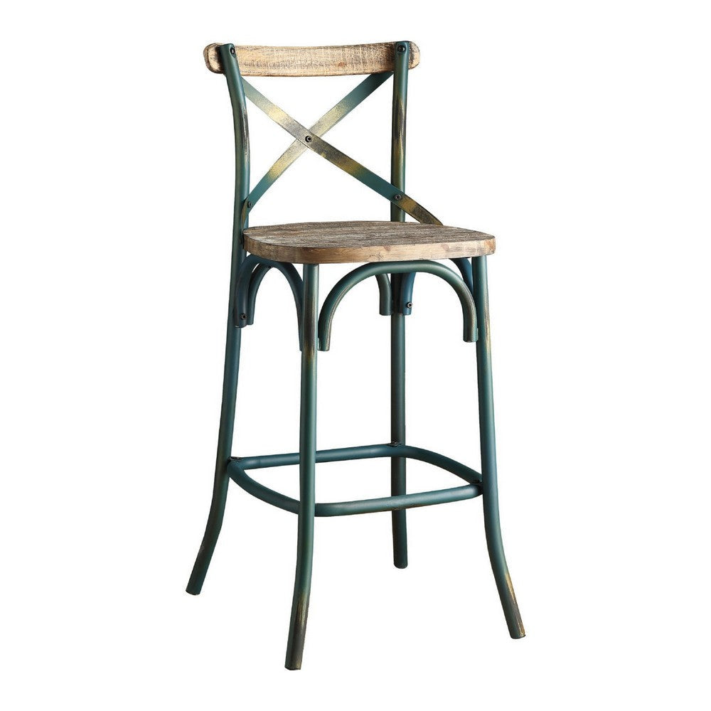Chad 29 Inch Modern Bar Height Chair, Footrest, X Backrest, Green, Oak Wood