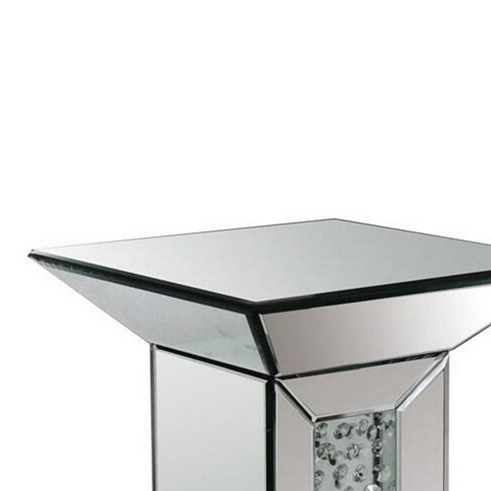 24 Inch Modern End Table Square Mirror Top Faux Crystals Inlay Silver BM280276
