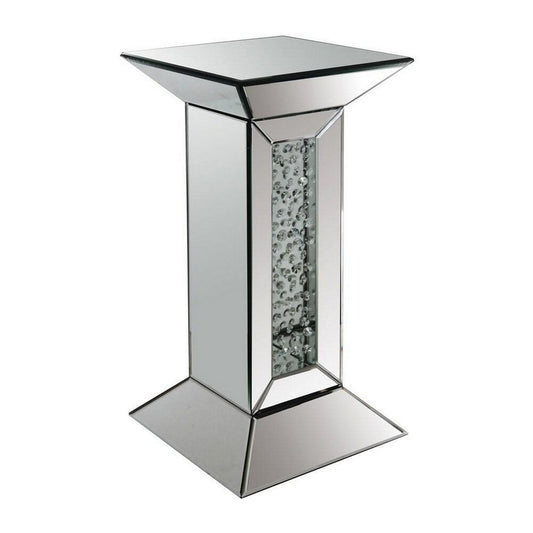 24 Inch Modern End Table, Square Mirror Top, Faux Crystals Inlay, Silver