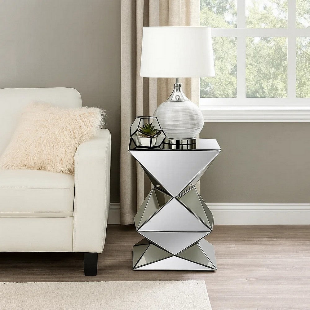 End Table | 20" | Mirror Top | Geometric Pedestal Base | Silver