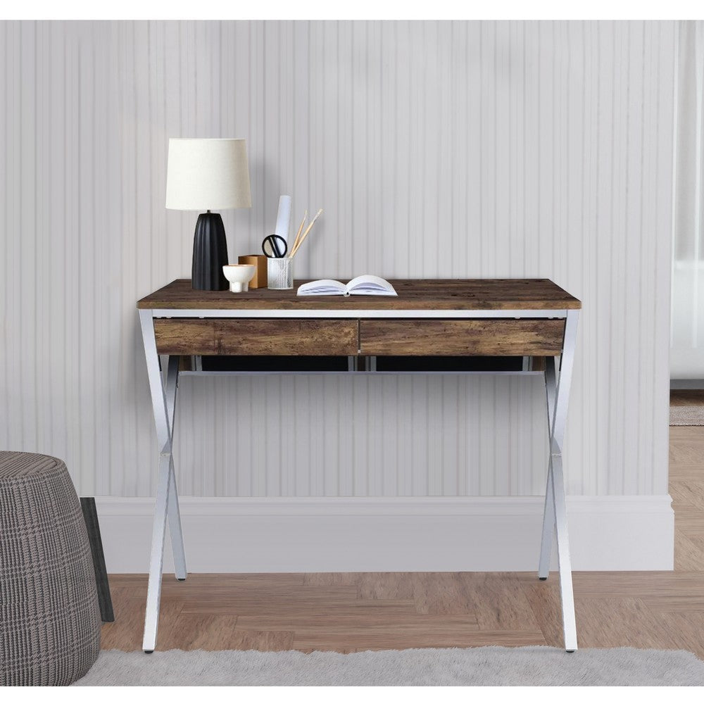 36 Inch Modern Office Desk, 2 Drawers, X Shape Frame, Wood, Oak, Chrome