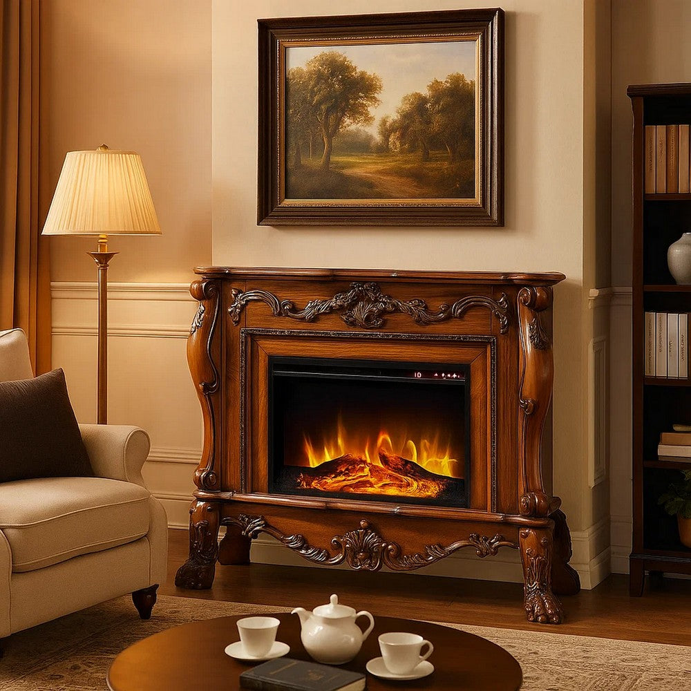Ally 47 Inch Electric Fireplace, Scrolled Trim, Remote, Timer, Oak Brown