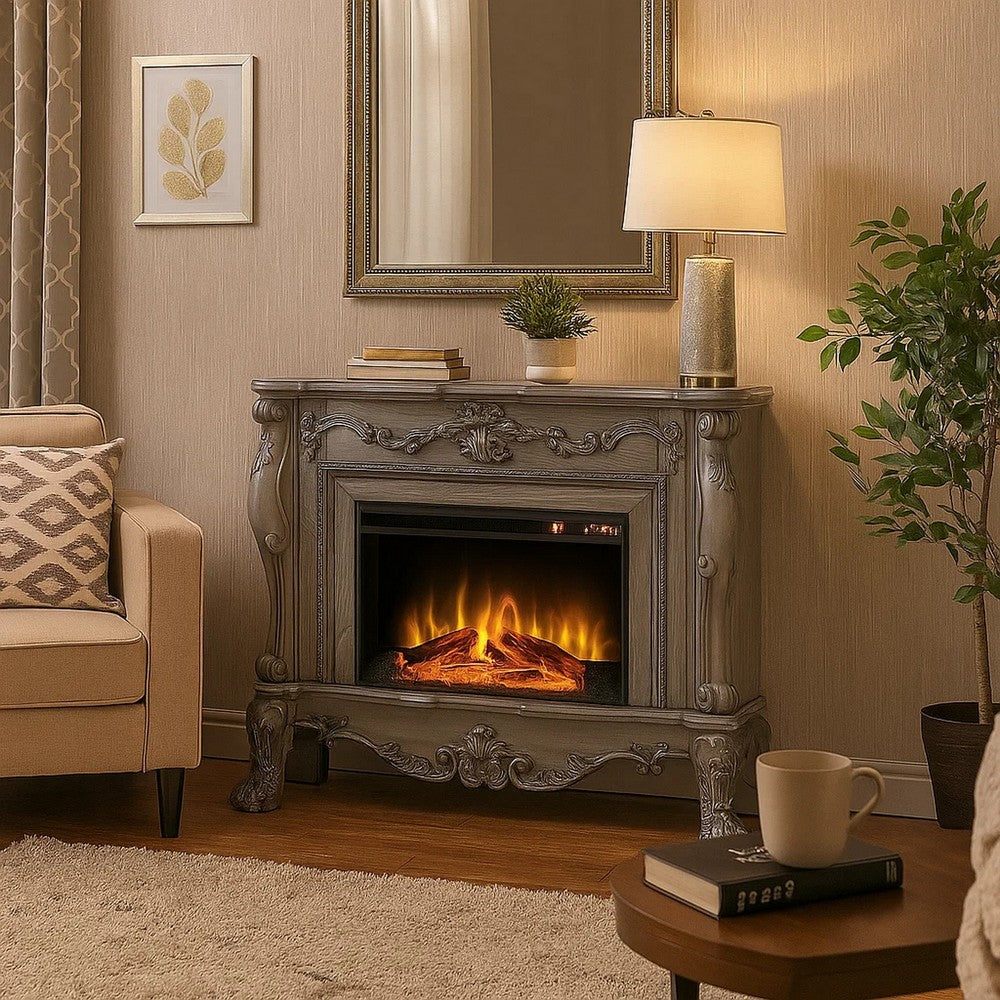 Ally 47 Inch Classic Electric Fireplace, Scrolled Trim, Remote, Timer, Gray
