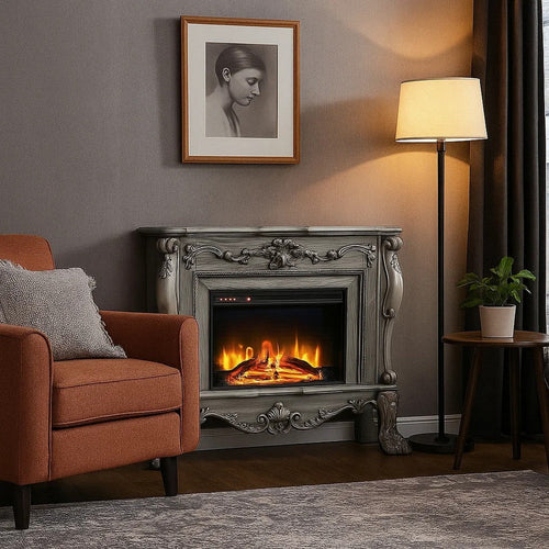 Ally 47 Inch Classic Electric Fireplace, Scrolled Trim, Remote, Timer, Gray