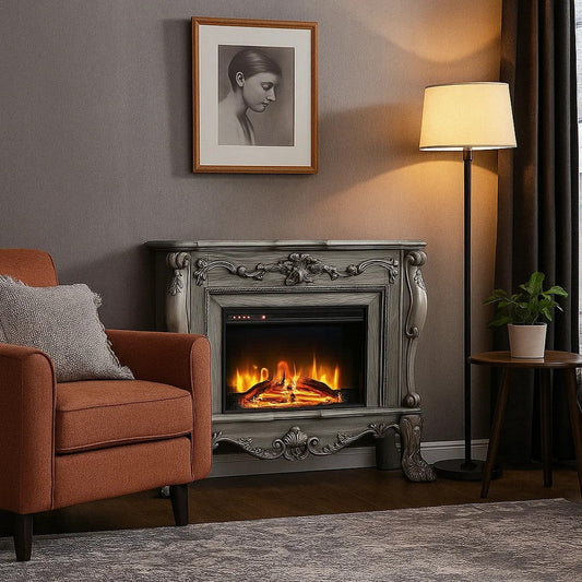 Ally 47 Inch Classic Electric Fireplace, Scrolled Trim, Remote, Timer, Gray