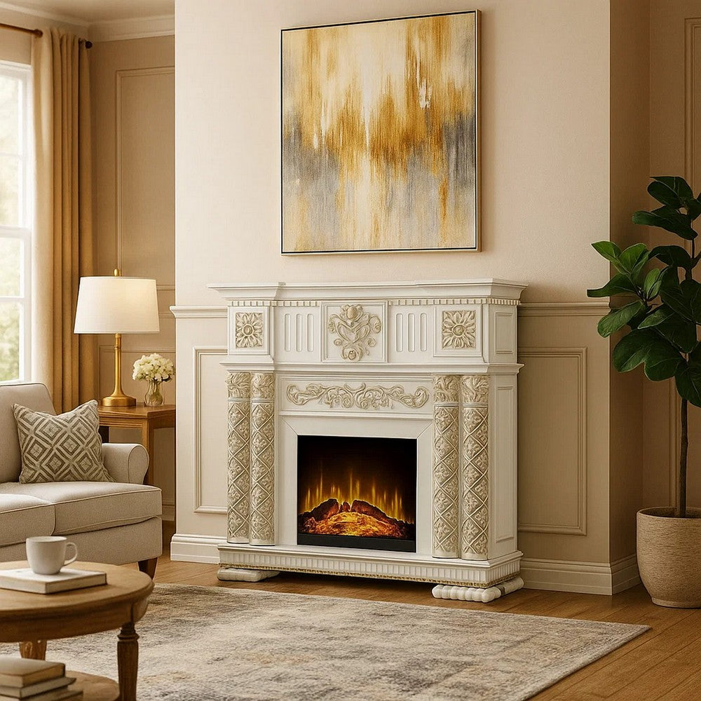 Jess Electric Fireplace | 59" | Carved | Remote | Pearl White