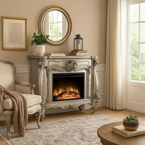 Kai 47 Inch Classical Elegant Electric Fireplace, Remote, Timer, Silver