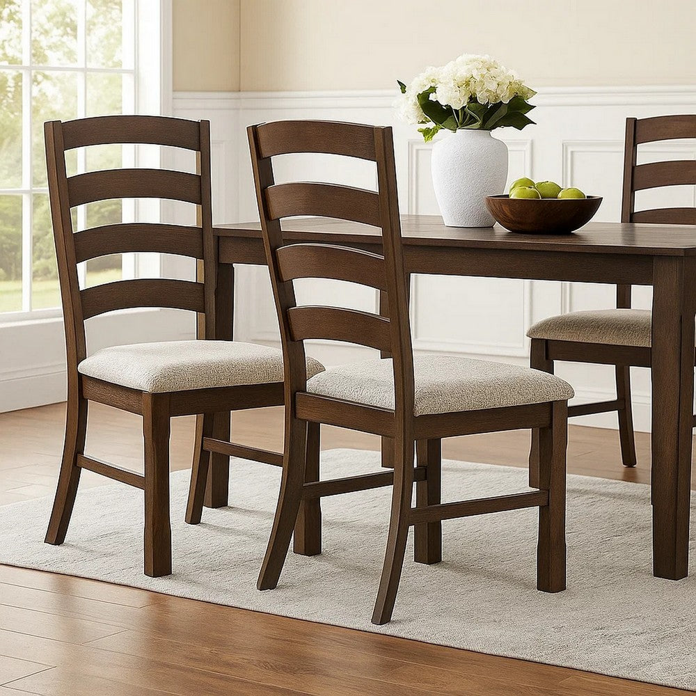19 Inch Solid Wood Dining Chair, Curved Ladderback, Set of 2, Brown