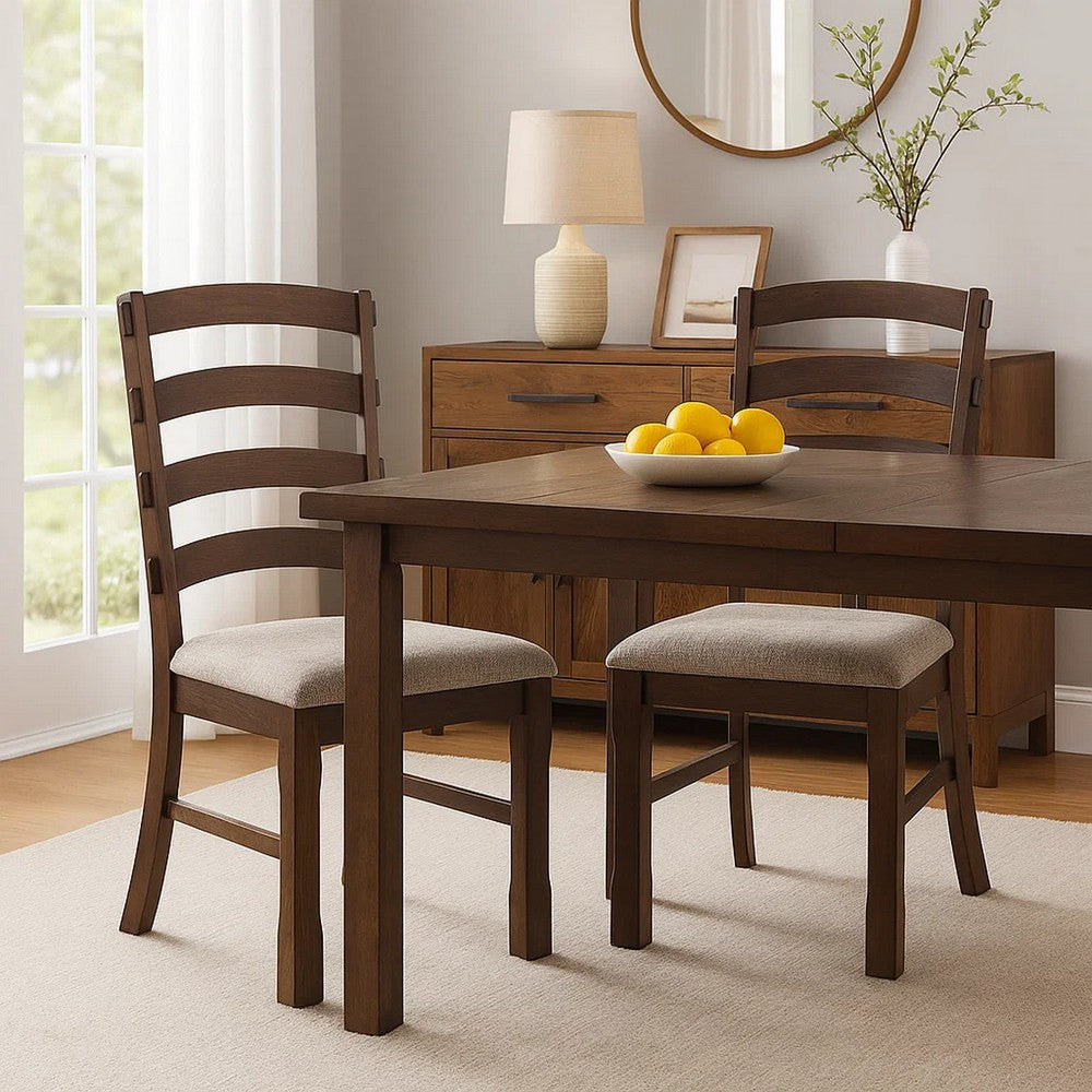 19 Inch Solid Wood Dining Chair, Curved Ladderback, Set of 2, Brown