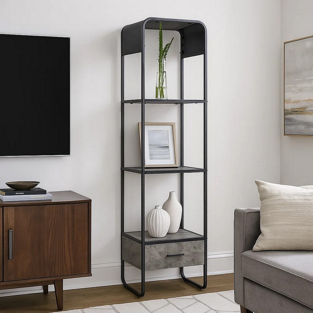 66 Inch Side Pier, Vertical Media Bookcase, 3 Shelves, Metal Frame, Gray