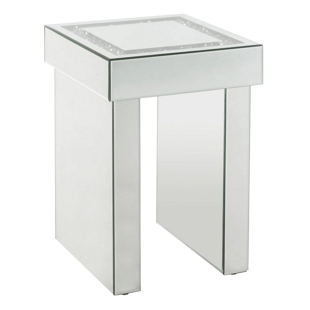 Noe 24 Inch Square End Accent Table, Mirrored, Faux Diamond Inlay, Silver