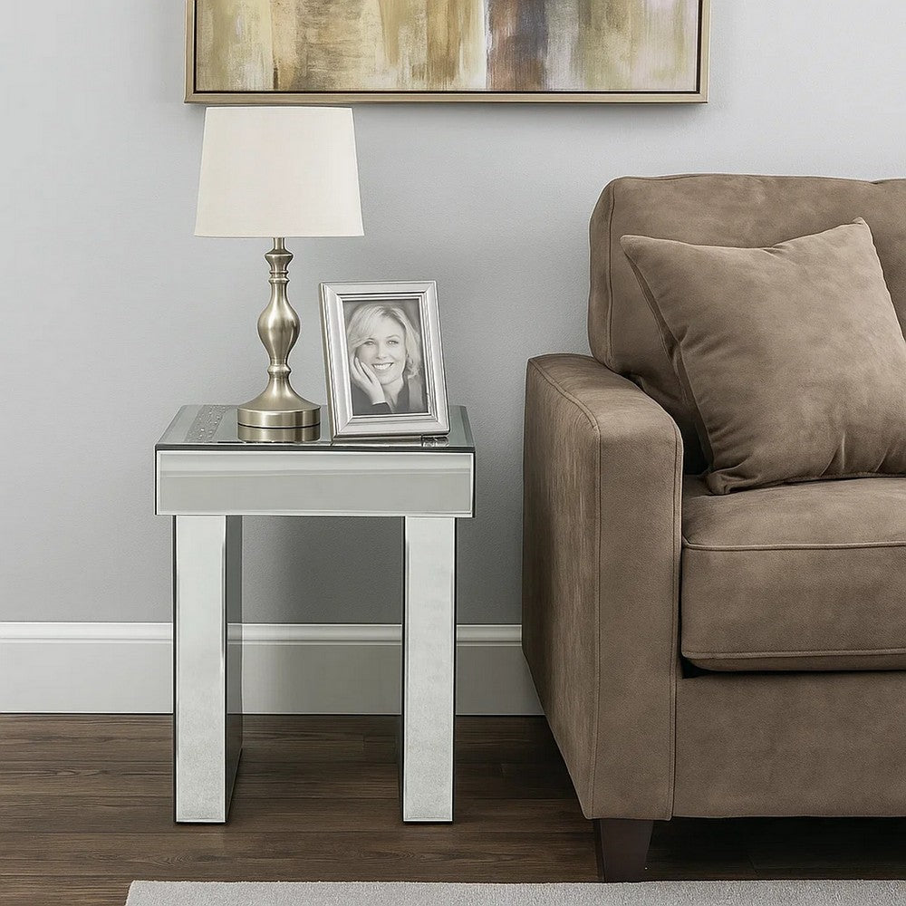 Noe 24 Inch Square End Accent Table, Mirrored, Faux Diamond Inlay, Silver