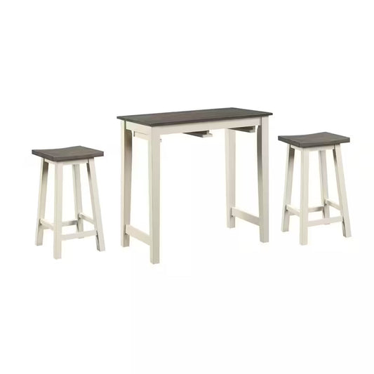 3 Piece Set Solid Wood Counter Dining Table with 2 Stools, White, Gray By Casagear Home