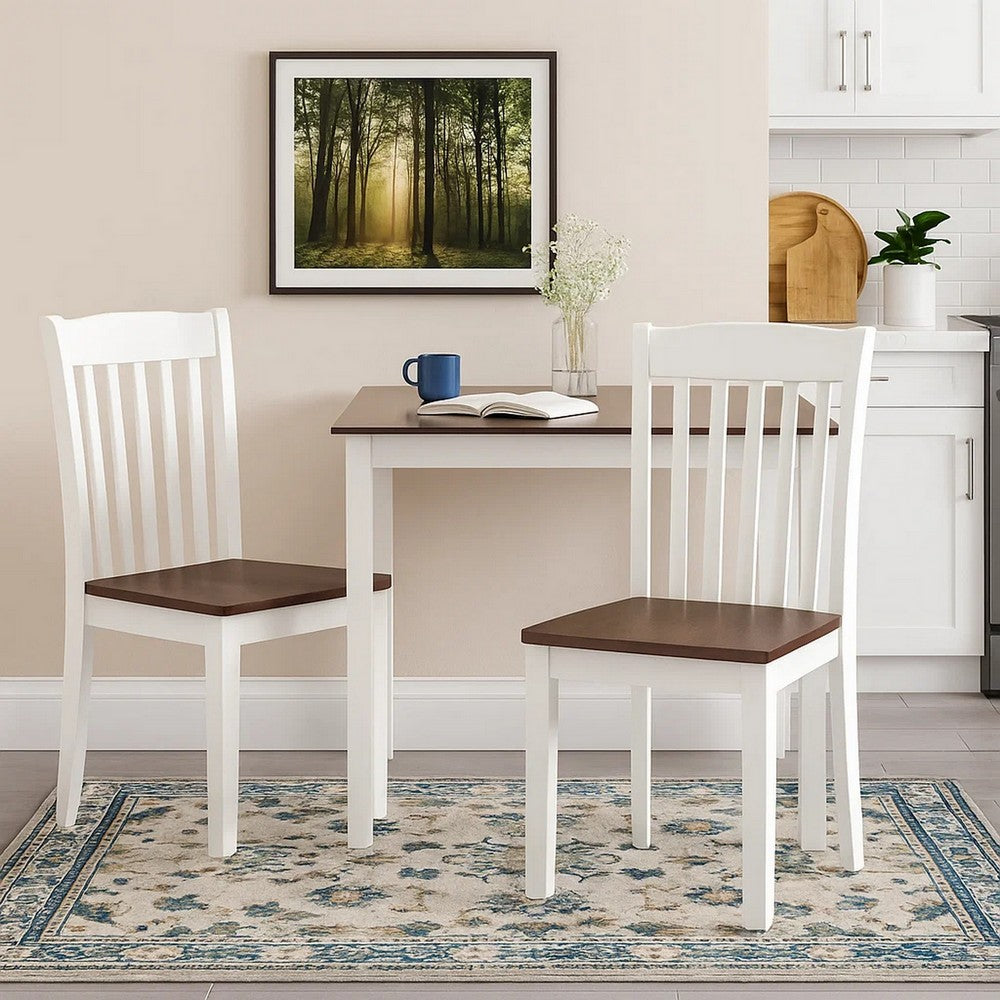 22 Inch Solid Wood Side Chair, Classic, Slatted, Set of 2, White, Brown