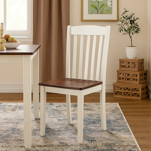 22 Inch Solid Wood Side Chair, Classic, Slatted, Set of 2, White, Brown