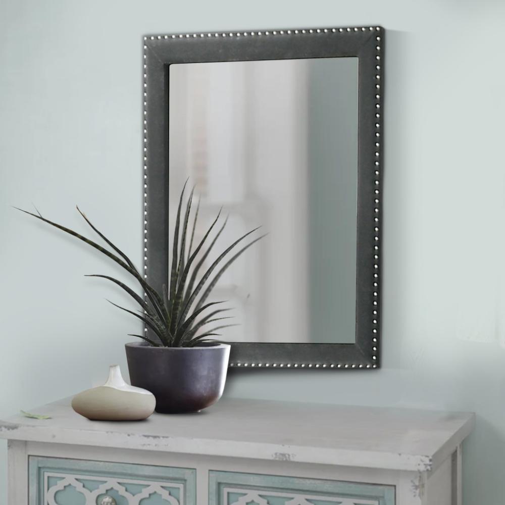 Cale 40 Inch Modern Portrait Mirror, Velvet Upholstery, Nailhead Trim, Gray By Casagear Home