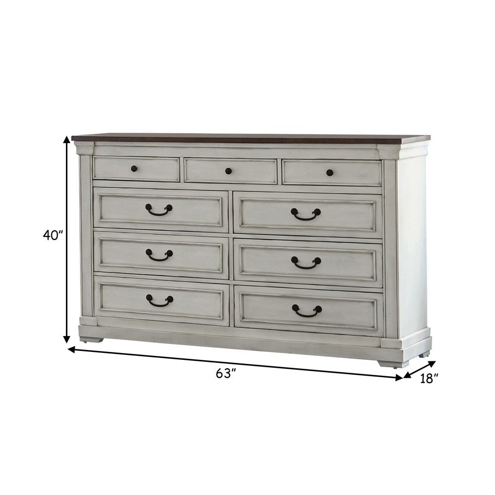 Ivy 63 Inch Modern Dresser 9 Drawers Drop Handles Wood Brown White By Casagear Home BM280353