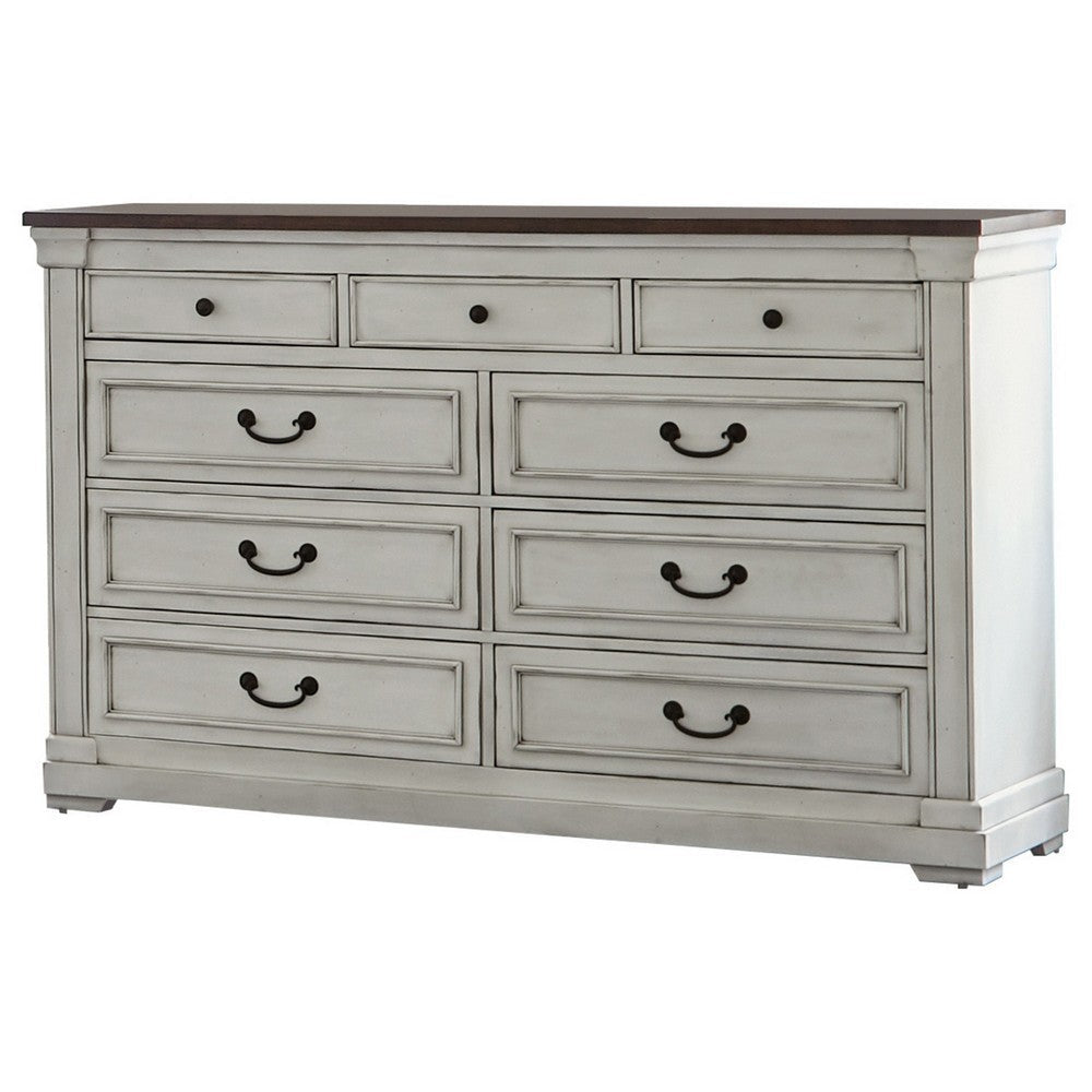 Ivy 63 Inch Modern Dresser, 9 Drawers, Drop Handles, Wood, Brown, White By Casagear Home