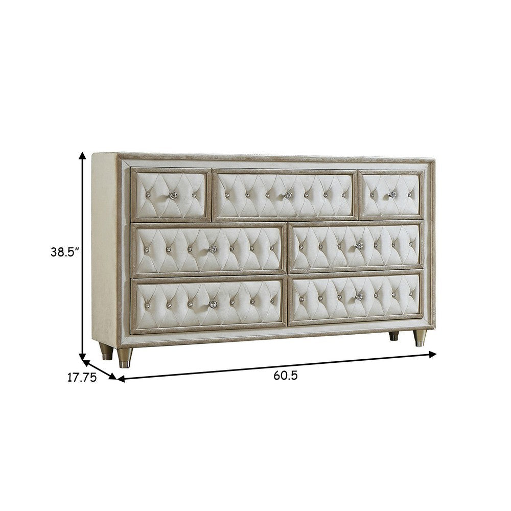 Matt 61 Inch Side Dresser 7 Drawers Velvet Tufted Ivory Light Brown By Casagear Home BM280358