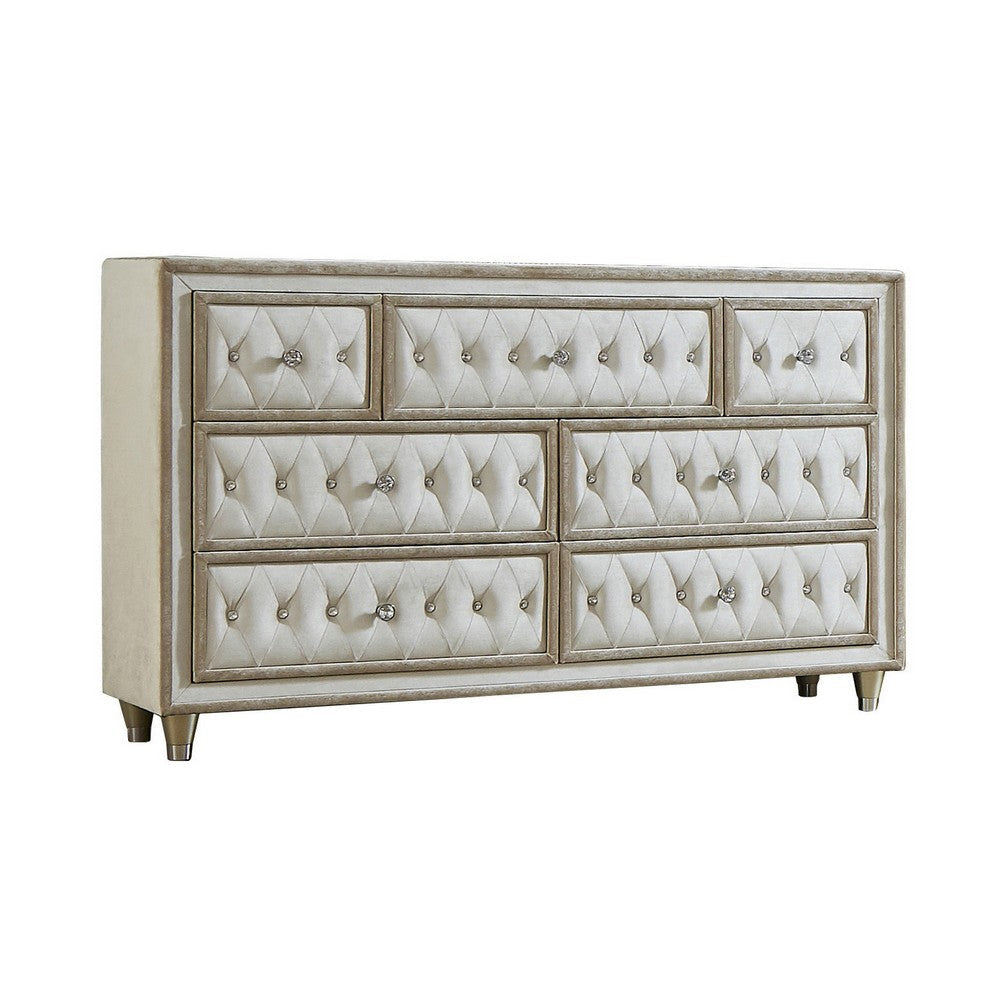 Matt 61 Inch Side Dresser, 7 Drawers, Velvet Tufted, Ivory, Light Brown By Casagear Home