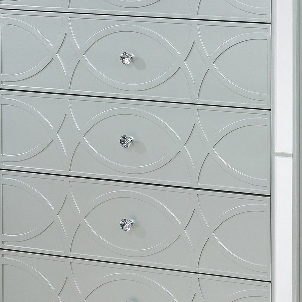 Gina 52 Inch Glam Tall Dresser Chest 5 Drawers Round Crystal Knobs Silver BM280372