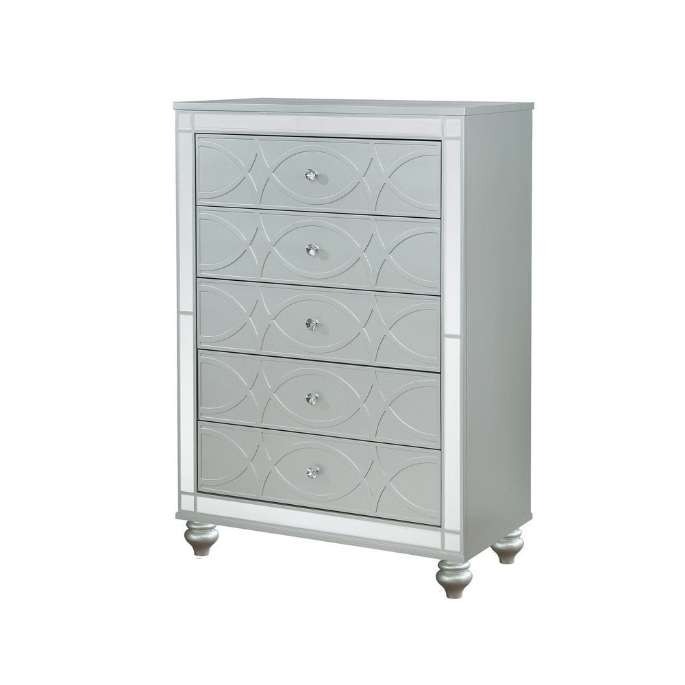 Gina 52 Inch Glam Tall Dresser Chest, 5 Drawers Round Crystal Knobs, Silver
