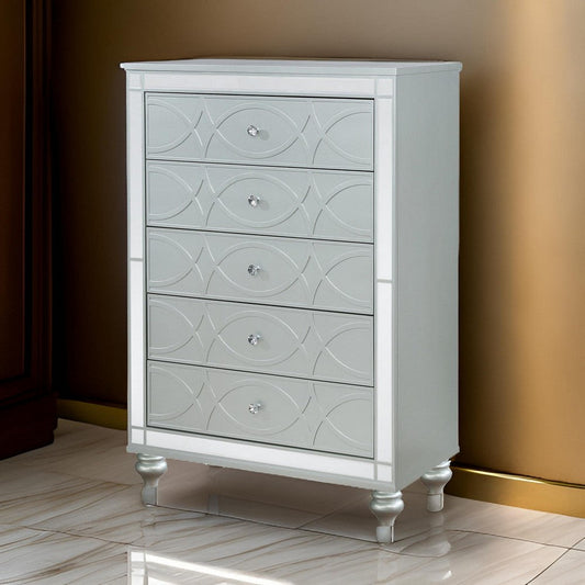 Gina 52 Inch Glam Tall Dresser Chest, 5 Drawers Round Crystal Knobs, Silver