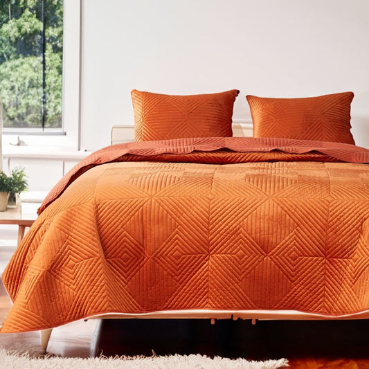 Ahab 3 Piece Velvet King Quilt Set, Diamond Quilting Design, Orange By Casagear Home