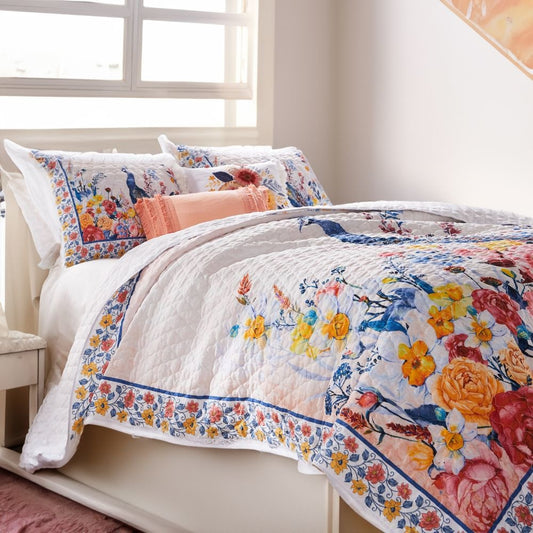 Tess Microfiber 3 Piece Full Quilt Set, Peacock, Floral Print, Multicolor By Casagear Home