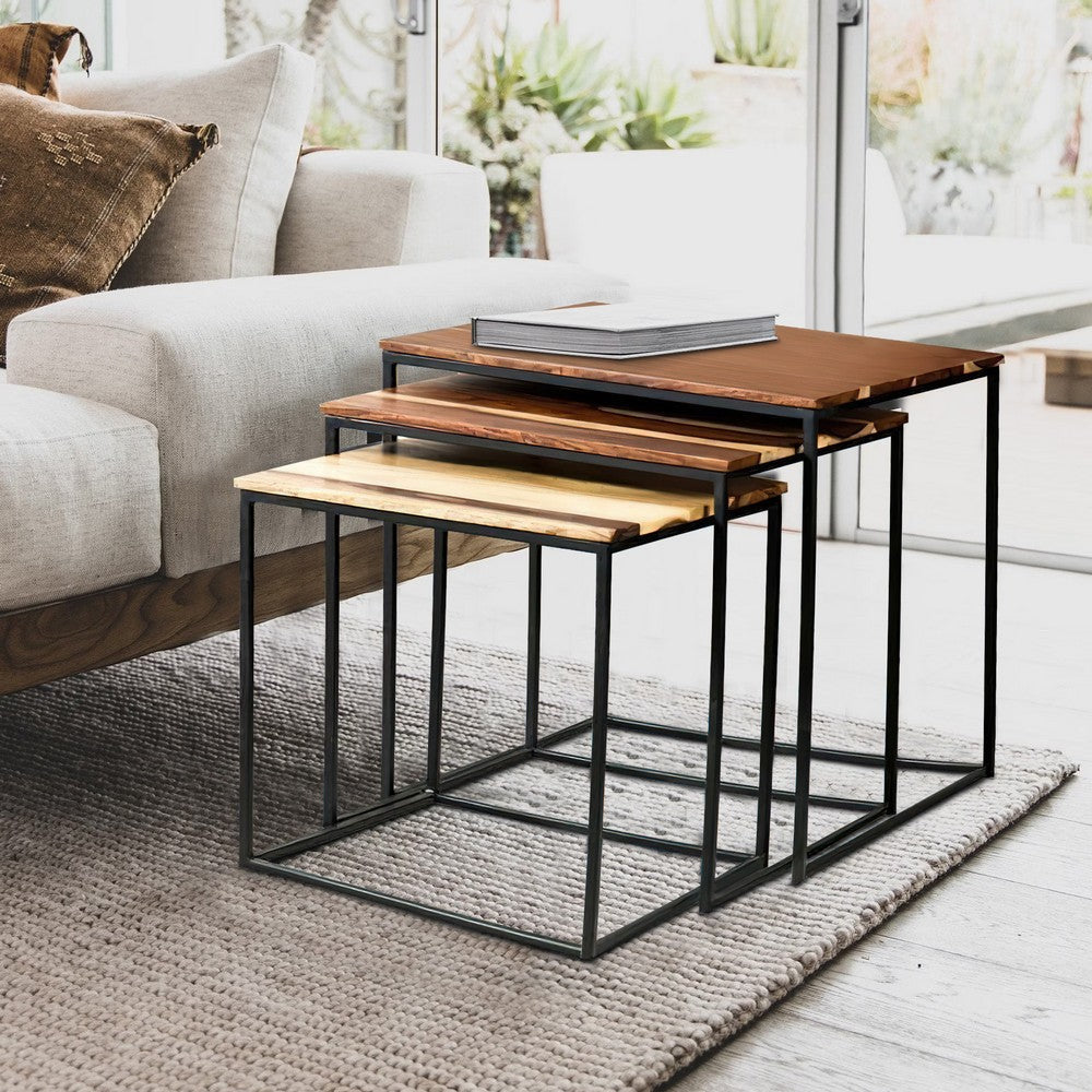 20 18 16 Inch 3 Piece Modern Nesting End Table Set Brown Wood Black BM280464