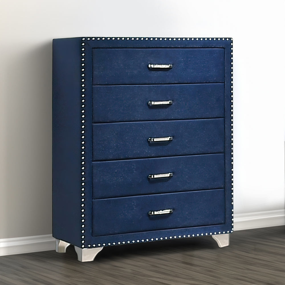 Cale 44 Inch Modern Glam Tall 5 Drawer Dresser Chest, Nailhead, Blue Velvet