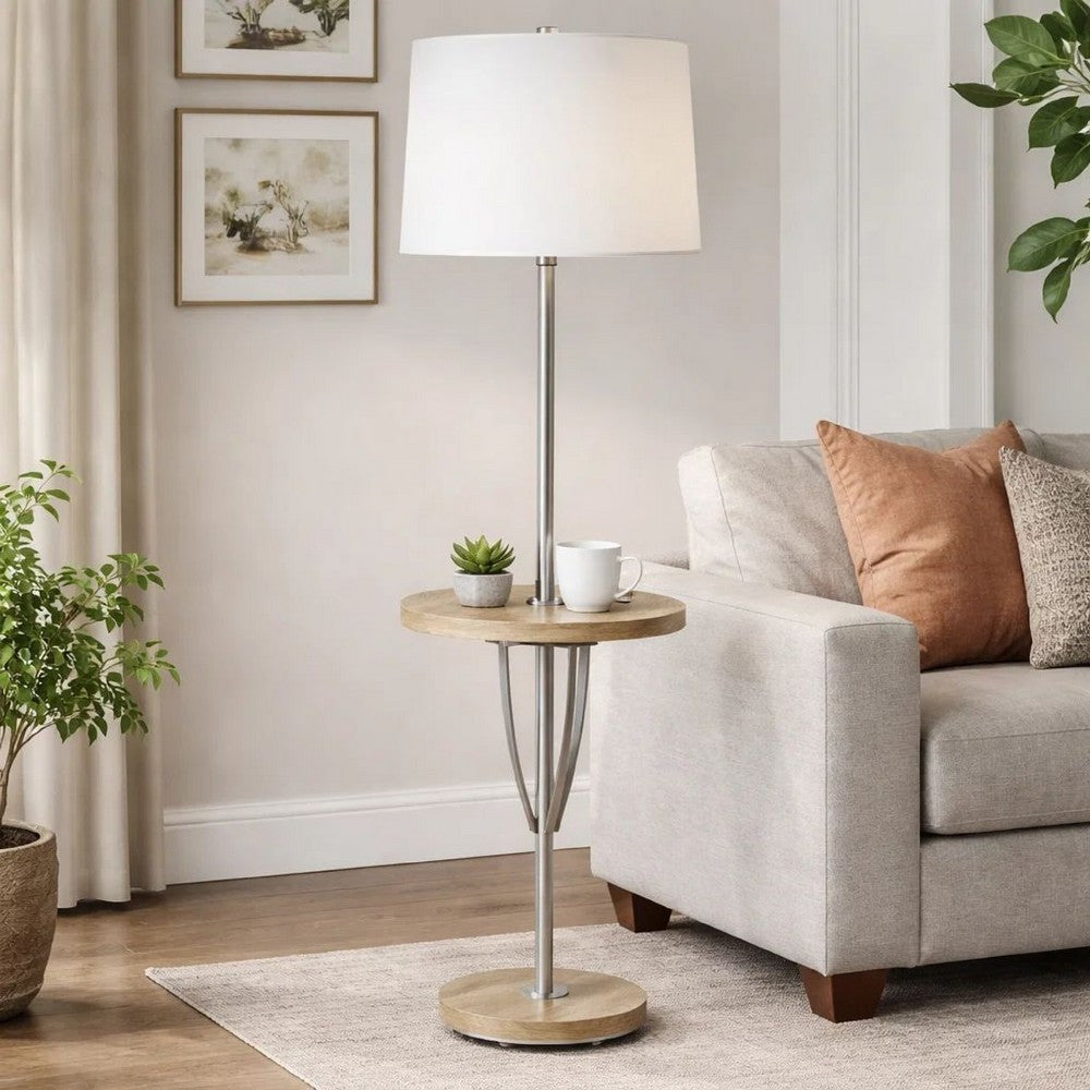 Charlie Floor Lamp | 61" | Wood Table | USB | White, Brown
