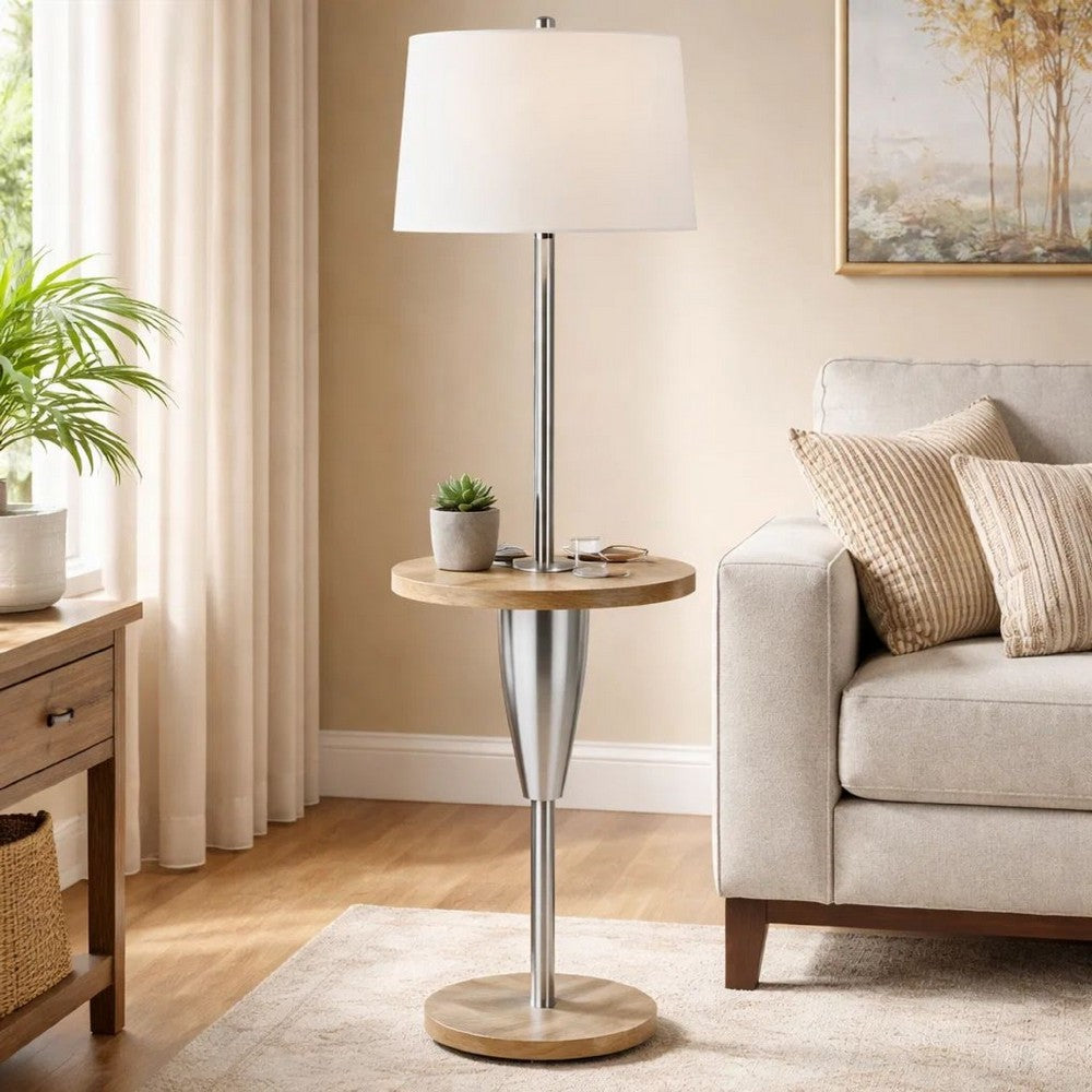 Charlie Floor Lamp | 61" | Wood Table | USB | White, Brown