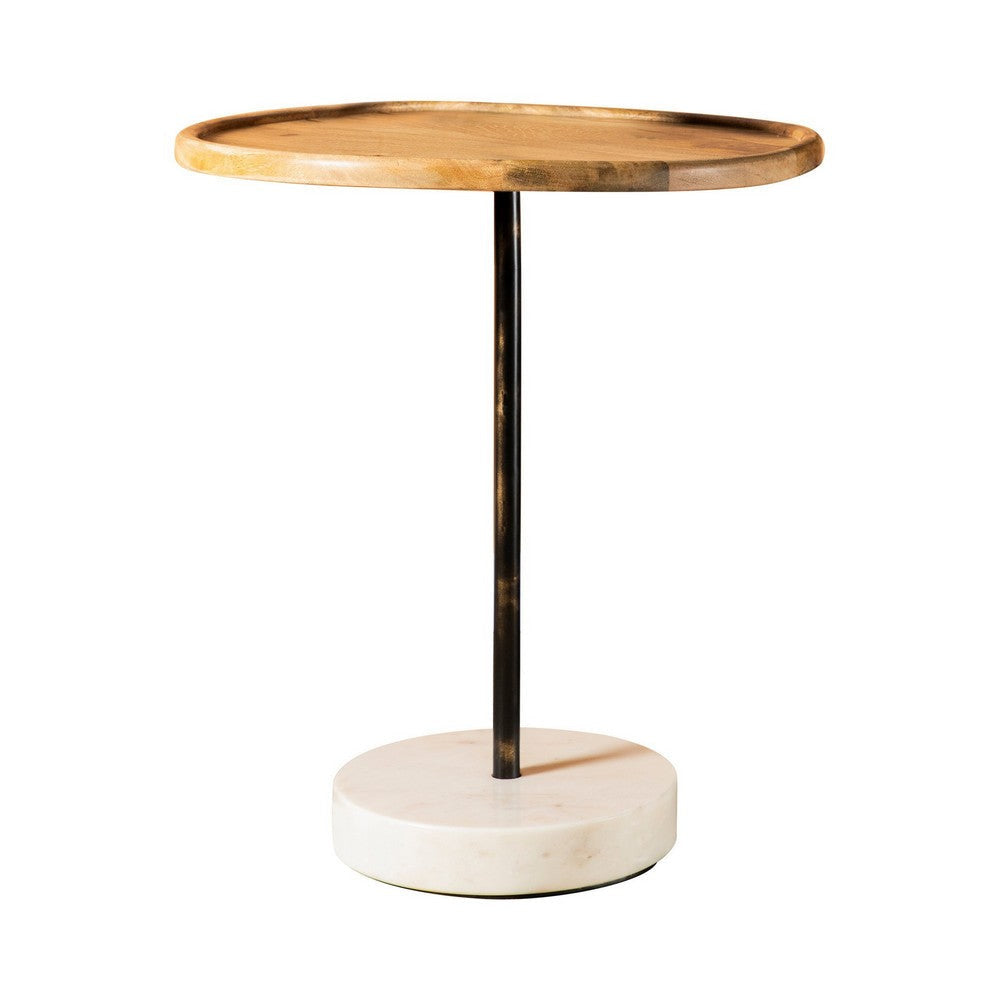 27 Inch Modern Accent End Table, Round Marble Base, Wood, White and Brown