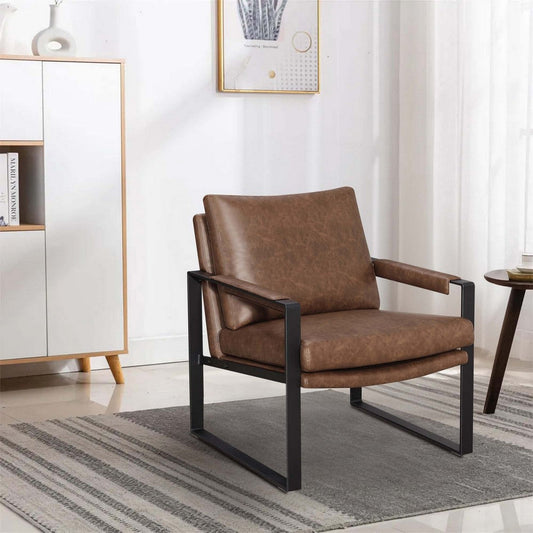 31 Inch Accent Chair Padded Armrests Vegan Faux Leather Brown Black BM280597