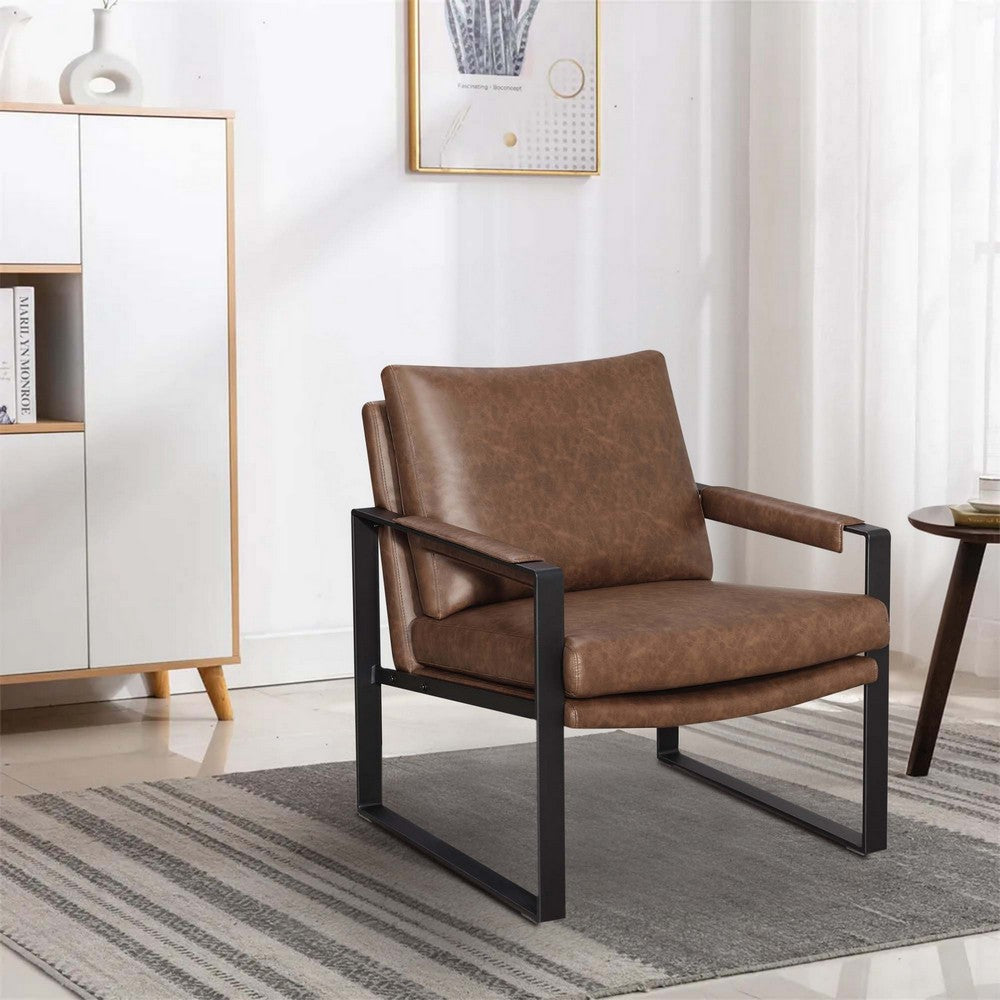 31 Inch Accent Chair Padded Armrests Vegan Faux Leather Brown Black BM280597