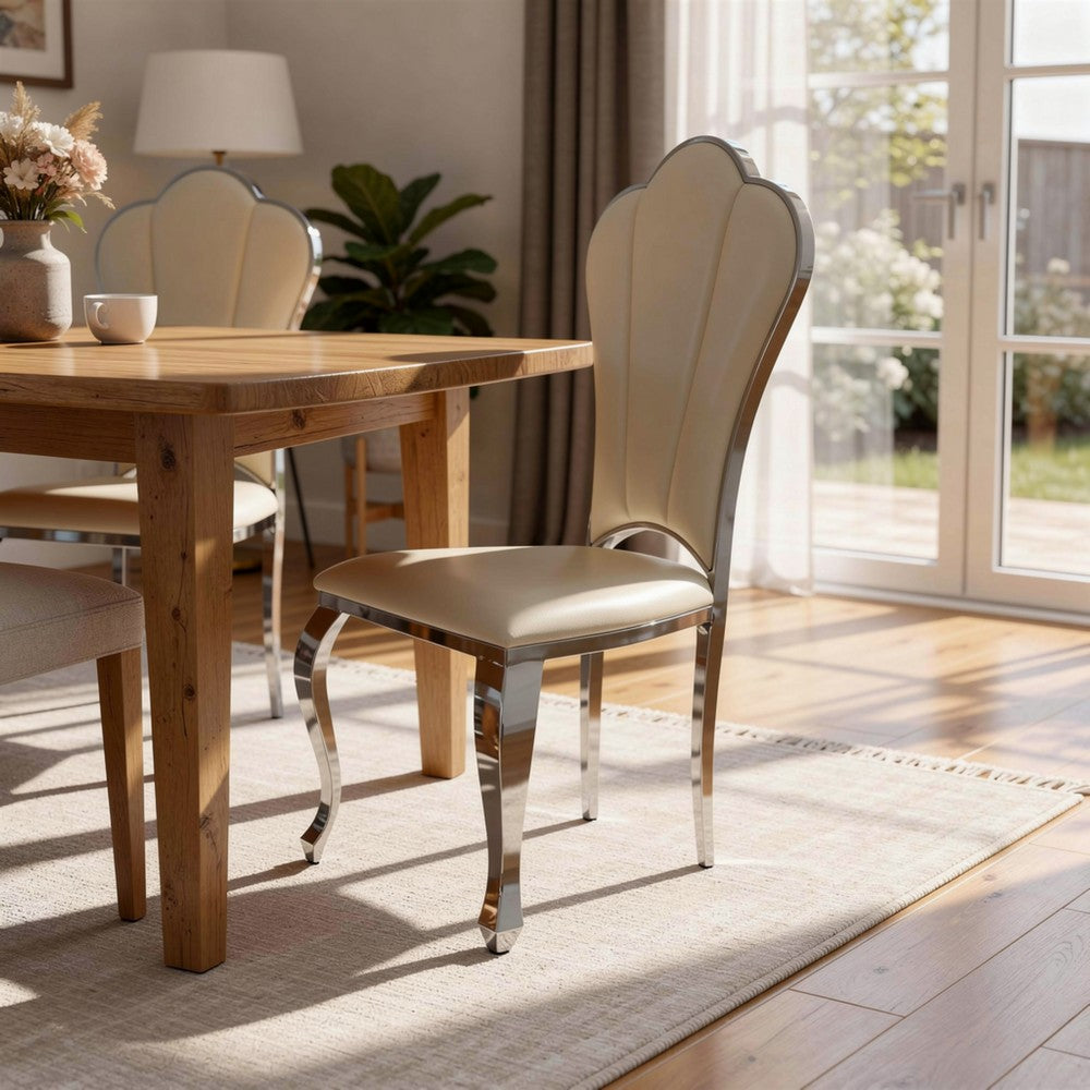 Kuri Dining Chair | 23" | Scalloped Back | Faux Leather | Set of 2 | Beige