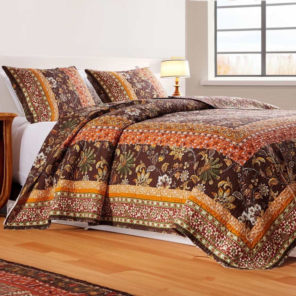 Dill Quilt Set | 2 Piece Twin | Bohemian Floral | Brown, Orange