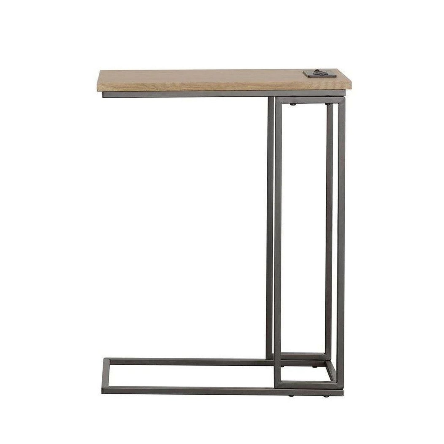23 Inch Modern C Shape Side End Table, Wood, Metal Frame, USB, Light Brown By Casagear Home