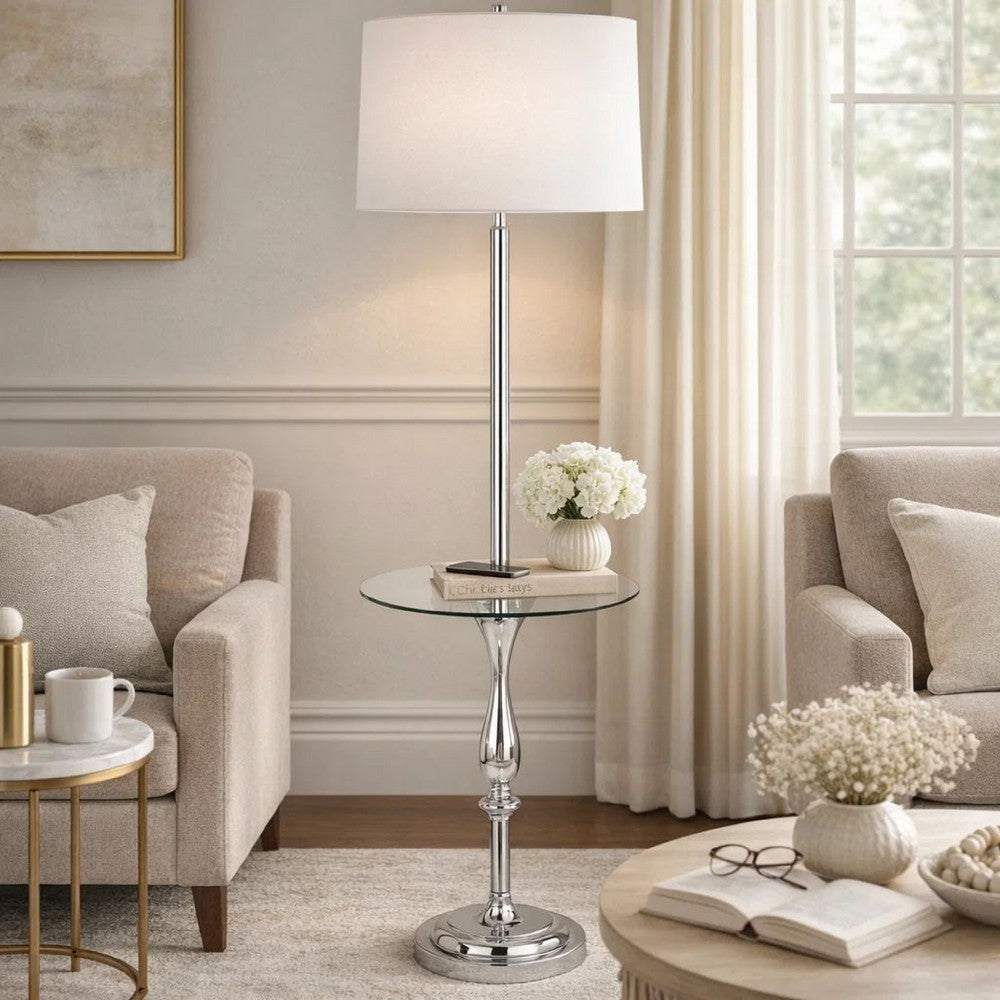 Ava Floor Lamp | 61" | Glass Tray Table | USB Port | Chrome