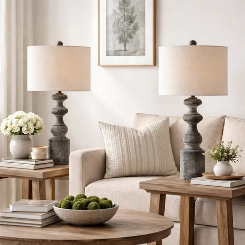Table Lamp Set | 31" | Resin Turned Base | Beige, Gray