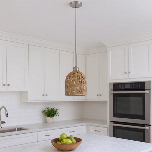 Pendant Light | 8" Dia. | Rope Woven Shade | Brown, Chrome