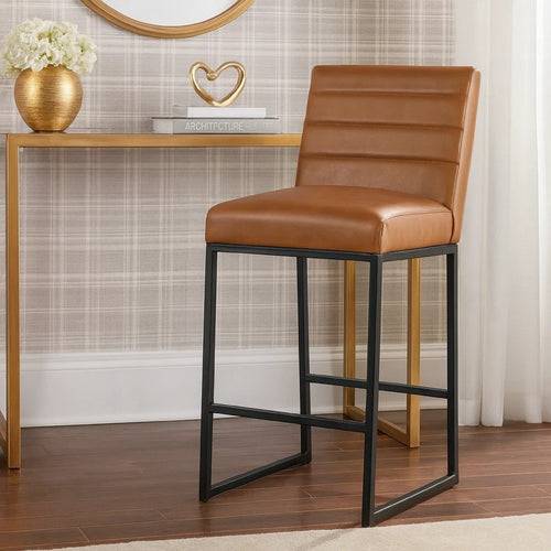 Vinn Modern Counter Stool | 26" | Channel Tufted | Brown Vegan Faux Leather