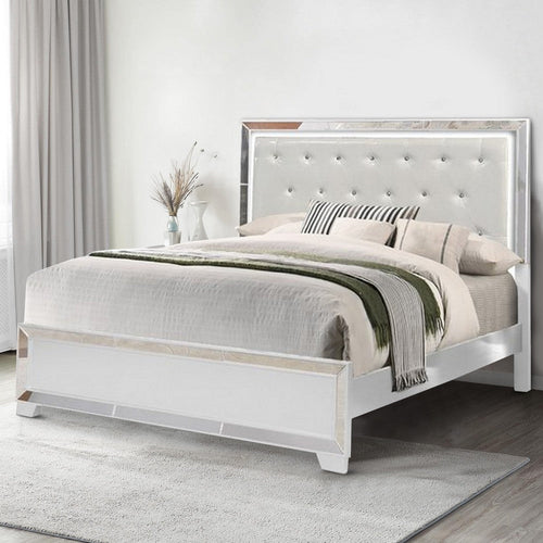 Eli Modern Wood Queen Bed, Crystal Tufted Headboard LED, White Faux Leather