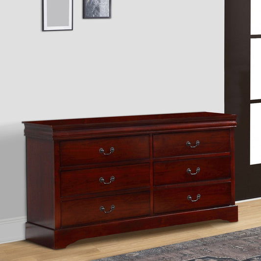 Liam 58 Inch 6 Drawer Wood Dresser, Molded Trim, Drop Handles, Cherry Brown By Casagear Home