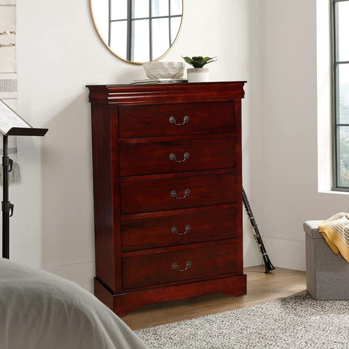 Liam Wood Tall Dresser Chest | 48" | 5 Drawers | Molded Trim | Cherry Brown