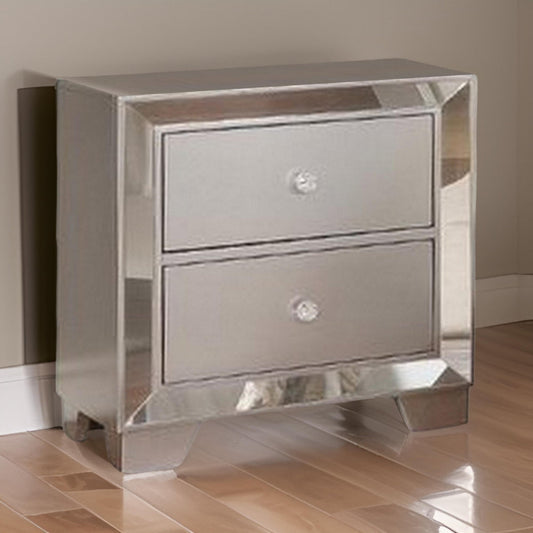 Eli Deluxe Nightstand | 23" | 2 Drawers | Mirrored Trim | Silver Frame