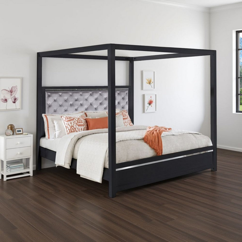 Abrie Solid Wood Canopy Queen Bed | Button Tufted | Touch LED | Dark Gray